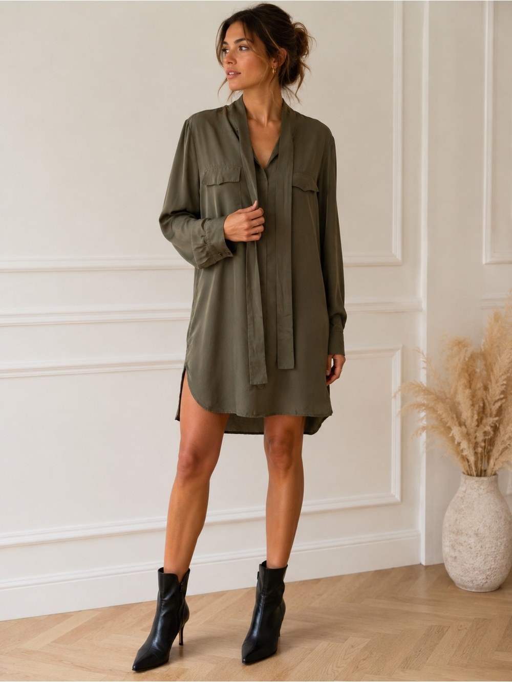 Lamarque 100% Silk Olive Green Shirt Dress Tunic Size L
